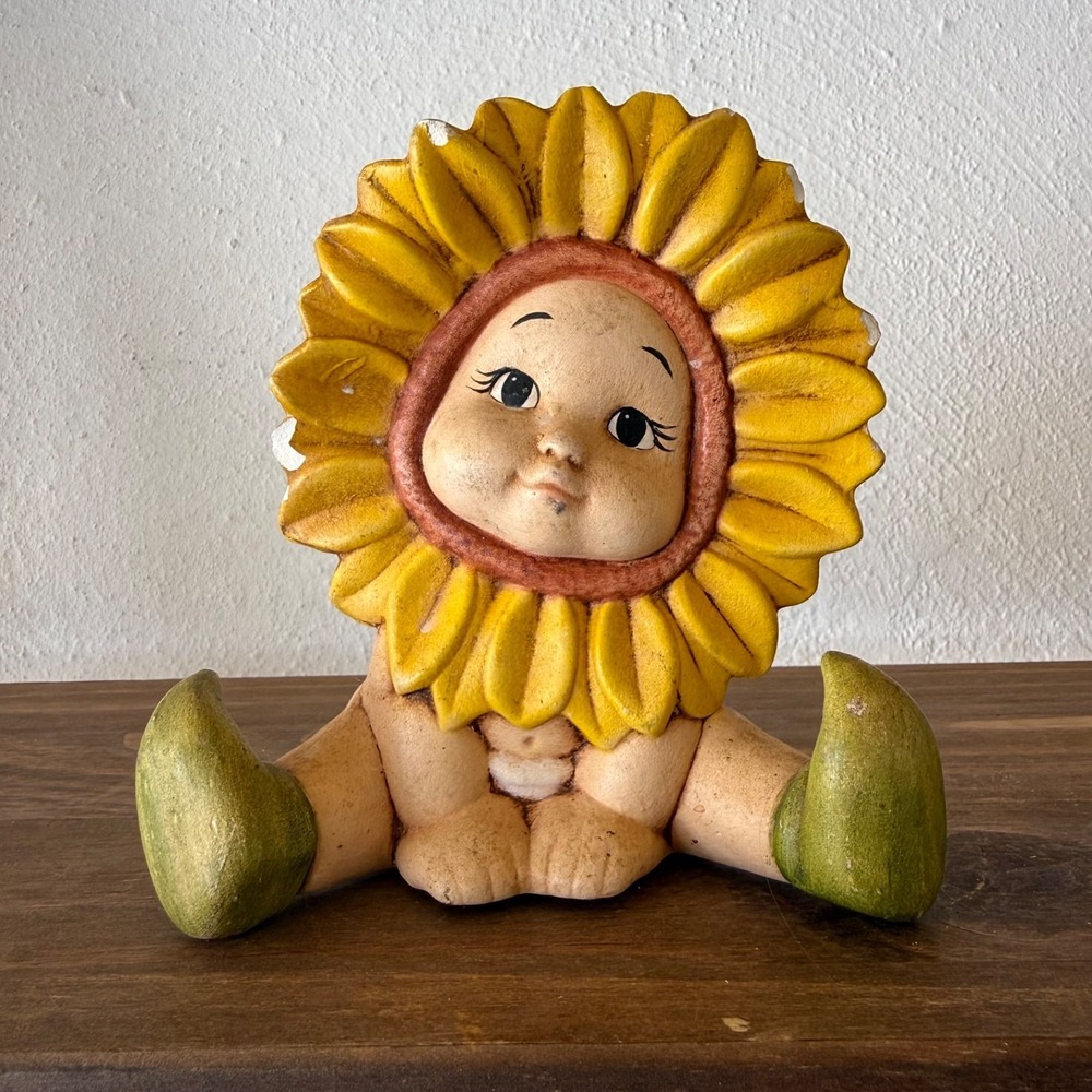 Vintage Anthropomorphic Sunflower Baby Figurine Ceramic Kitsch Shelf Decor